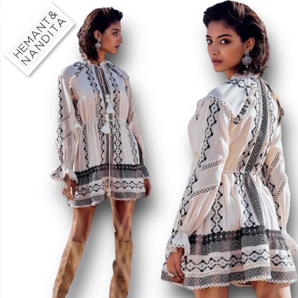 Hemant & Nandita Moira Boho Short Dress In Natural / Black Size M - Picture 1 of 14